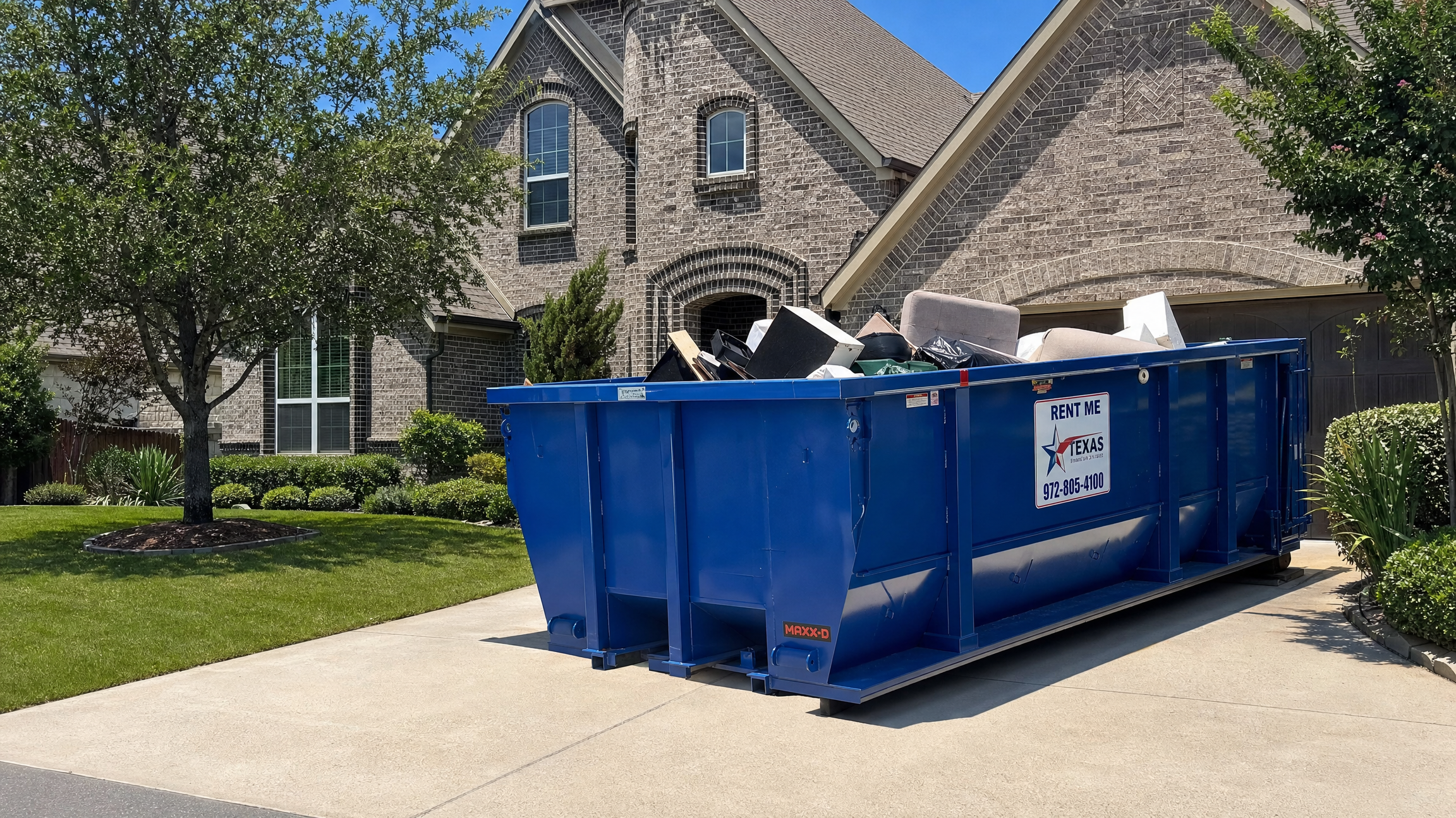 Roll-off dumpster rental in Dallas Texas residential neighborhood